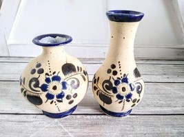 Two Vintage Pottery Vases Sand Textured Hand Painted Floral Folk Art Bohemian  - £10.67 GBP