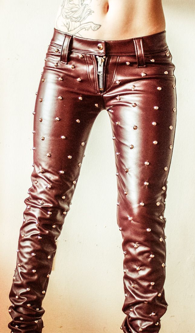 Women Maroon Studded Leather Pants Mono ectric, Women Wasit Belted Pants
