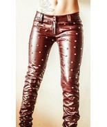 Women Maroon Studded Leather Pants Mono ectric, Women Wasit Belted Pants - €182,98 EUR