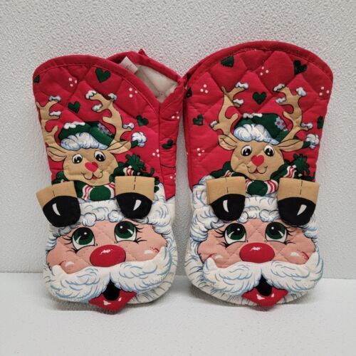 Vintage Christmas 3D Santa Claus &amp; Reindeer Oven Mitt Pot Holder Set Of 2 - $19.70