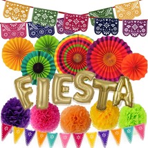 Mexican Fiesta Party Decorations  Cinco De Mayo - 6 Paper Fans, 5 Flowers Pom Po - £25.71 GBP