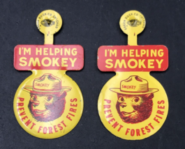 Lot of 2 VTG Smokey the Bear Prevent Forest Fires I&#39;m Helping Tin Pins 2... - $9.49