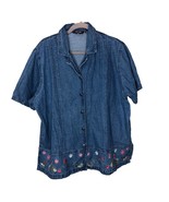 Vintage Denim Button-Up Shirt Embroidered Floral Hem &amp; Short Sleeves Siz... - $49.82 CAD