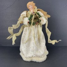 Angel Christmas Tree topper Glittering Gold  15&quot; Porcelain Head &amp; Hands Faux Fur - £15.81 GBP