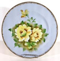 Blue Porcelain Hand Painted 10” CABINET PLATE Yellow Roses Norleans Signed - $14.24