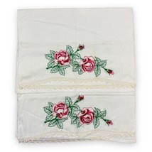 Vintage Cotton 2 Pillowcases Embroidered Roses &amp; Buds Crocheted Lace Trim - £19.71 GBP