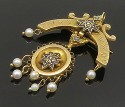 14K GOLD - Vintage Antique Victorian Cultured Pearls Enamel Brooch Pin - GB115 - £522.13 GBP