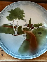 Vintage Germany Marked Blue w Country Farm &amp; Trees Arts &amp; Crafts Stoneware Plate - £14.69 GBP