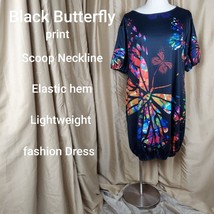 Black Butterfly Print Scoop Neckline Elastic Hem Lightweight Fashion Dre... - £9.44 GBP