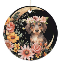 Cute Dachshund Puppy Dog Moon &amp; Flower Christmas Ornament Ceramic Gift Decor - £11.62 GBP