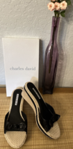 Charles David Black w Beige Slip On Wedge Open Toe w Bow Women&#39;s Shoes Sz 7.5 - £17.51 GBP