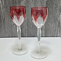 Pair Tall Crystal Wine Glasses Red Cut to Clear 8.75&quot; - $71.28
