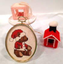Vintage Mini Needlepoint Christmas Ornaments Lot Of 3 Handmade Cross-stitch Baby - £7.44 GBP