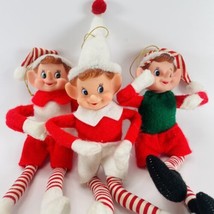 VTG Pixie Elf Ornaments w/ Striped Bendable Legs MCM Rubber Face Knee Hugger 9&quot; - £46.96 GBP