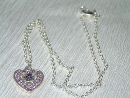 Estate Simple Silvertone Chain with Pink Rhinestone Encrusted Open Heart Pendant - £6.05 GBP