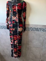 MOLLY GODDARD Black Red Green Floral Print Ruched Long Sleeve Dress SZ U... - £267.75 GBP