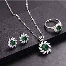5CT Round CZ Emerald Pendant Ring Earrings Jewelry Set 14K White Gold Plated - £197.83 GBP