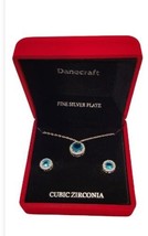 DANECRAFT Fine Silver Plate CZ&#39;s Aquamarine Blue Necklace Earrings Boxed CZ Set - £23.09 GBP