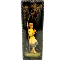 Vintage Russian Trinket Box Black Hand Painted Signed Boy Playing Flute EUC - £77.09 GBP