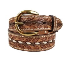 Justin Tooled Western Style Belt 28 Brown Stitching Embossed 1.25&quot; W Rodeo Ranch - £18.97 GBP