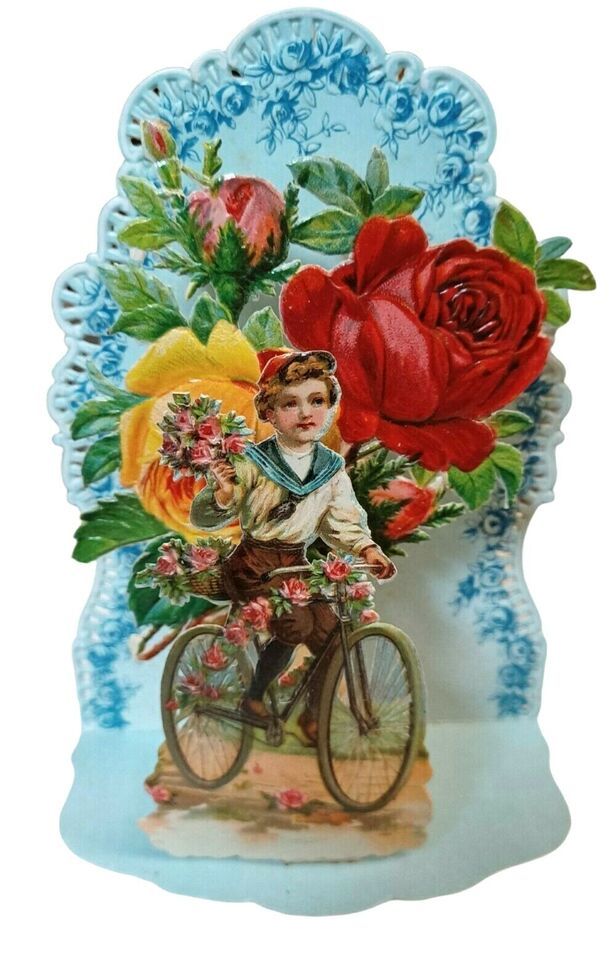 Antique Die Cut Valentine Card Child on Bicycle Roses Embossed Made in Germany - $25.69