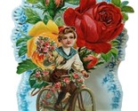 Antique Die Cut Valentine Card Child on Bicycle Roses Embossed Made in G... - £20.54 GBP
