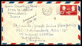 1948 US Air Mail Cover -Houston, Texas to USS Adirondack, Norfolk, Virginia R7 - £2.29 GBP