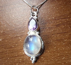 Moonstone and Faceted Amethyst Pendant 925 Sterling Silver - £9.41 GBP