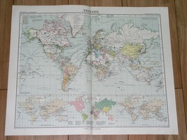 1912 Antique Map Of The World Mercator Projection America Europe Transportation - £18.53 GBP