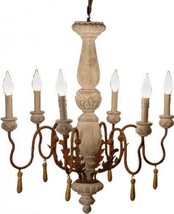Chandelier Hand-Carved Turned Wood Hand-Painted Distressed White, Aged Metal - £895.76 GBP
