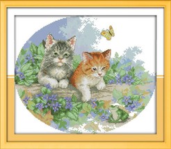 14CT Counted Cross Stitch Kit Two Cats Gray Cat And Brown Cat Butterflie... - $12.99
