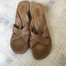 Born Sandals Womens Size 10 Light Tan Leather Wedges Criss Cross Straps Slip On - $27.69