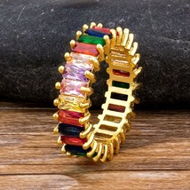 New Thin Baguette Rainbow CZ Gold Ring For Women Girl Fashion Colorful Cubic Zir - £8.63 GBP