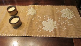 &quot;&quot;BURLAP TYPE WITH EMBROIDERED LEAVES - TABLE RUNNER&quot;&quot; - GOLD SATIN BACKING - £7.07 GBP