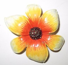 Flower Power Brooch Pin Pendant Yellow Orange Cream With Rhinestones - £10.26 GBP