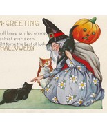 Witch W/ Black Cats, Owl & Jack-O-Lantern Pumpkin Antique Halloween Postcard - $65.00