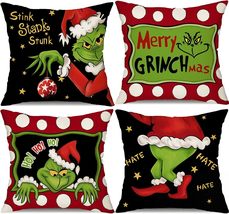 4 Pcs Grinch Throw Pillow Cover 18 x 18 Christmas Patio Pillowcase Home Decor - £19.65 GBP