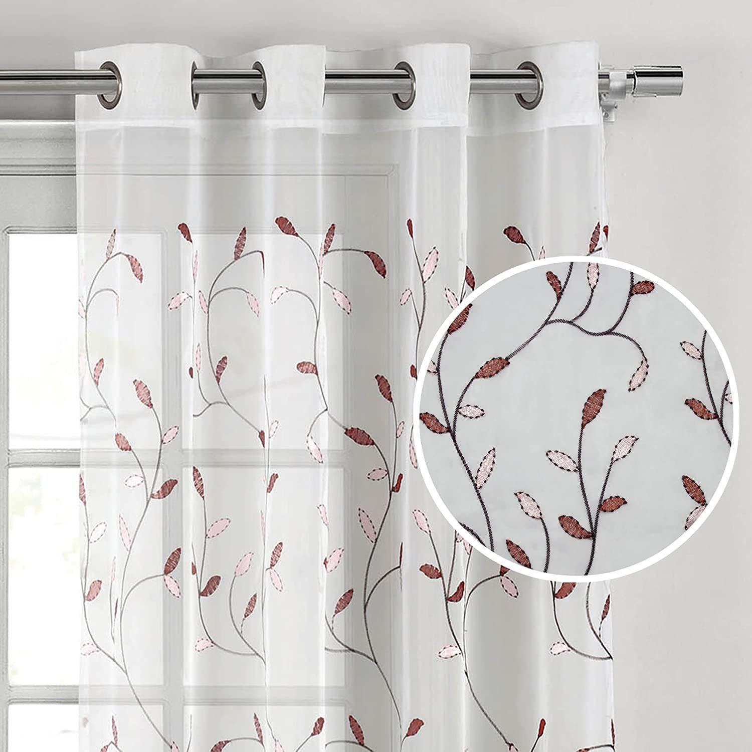 Extra Wide 54" X 84" Rust/Pink Wavy Leaves Embroidered Sheer Curtain Panel. - $37.98