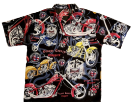 Motorcycle Print Shirt Mens L Red Flaming Orange County Choppers Black Rayon - £19.93 GBP