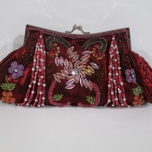 Women Maroon Beaded Clutch Purse Bead Handle Floral Cocktail Evening Bag - £23.64 GBP