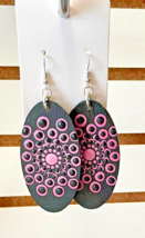 Hand Painted Pink &amp; Black Mandala Earrings Jewelry Silver French Hooks A... - $15.34