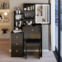 29.2&#39; Left Small Bedside Vanity Table w/ LED Mirror, Stool &amp; Storage - $3,091.58 MXN