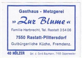 Matchbox Label Germany Gasthaus Metzgerei Zur Blume Pittersdorf - £0.78 GBP