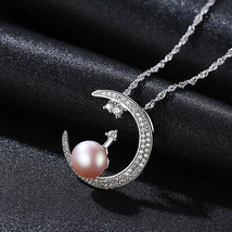 Perle Naturelle Sur Croissant De Lune 925 Chaîne En Argent Collier Diamants... - £67.27 GBP
