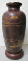 Antique Japanese Dark Brown Wood Gold Mount Fuji Vase and Stand  - $74.25