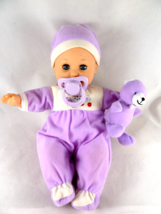 Vinyl &amp; Cloth Baby Doll 11.5&quot; Blue Eyes purple outfit &amp; GiGo Teddy Cuddly - $9.28