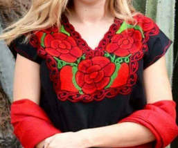 Black Mexican Embroidered Blouse (L) - $27.00