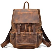 Men vintage crazy horse leather backpack Unisex cow leather 14&quot; Laptop rucksack  - £136.18 GBP