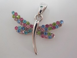 Small Jeweled Dragonfly Charm Multi-Colored Faux Diamonds Silver Color Dangle - £4.00 GBP