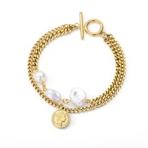 Elizabeth Queen Coin Bracelet Gold Chain Cuban Link Pearl Bracelet for Men Women - £21.41 GBP